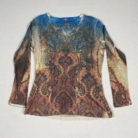 Kiara Paisley Print Embroidered Rhinestone Fairy Grunge Acid Wash Blouse - Picture 1 of 9